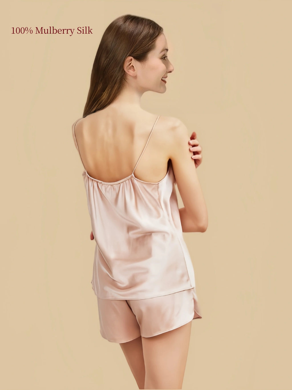 Back view of Lotus Root Pink 19 Momme silk lounge set