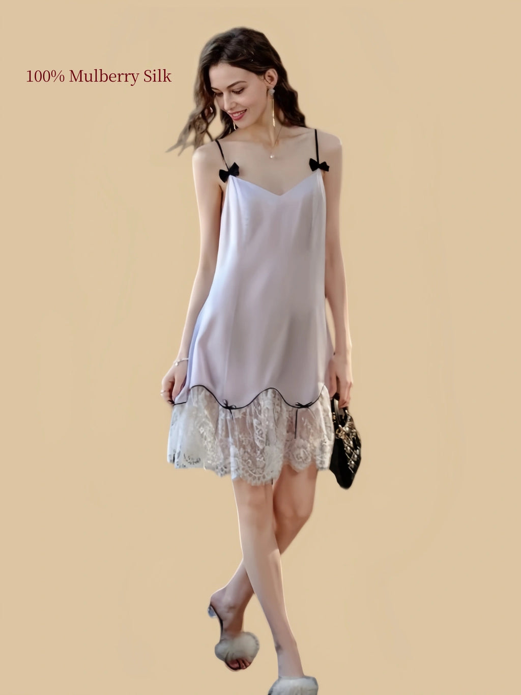 Lustrous Purple silk nightdress with eyelash lace hem