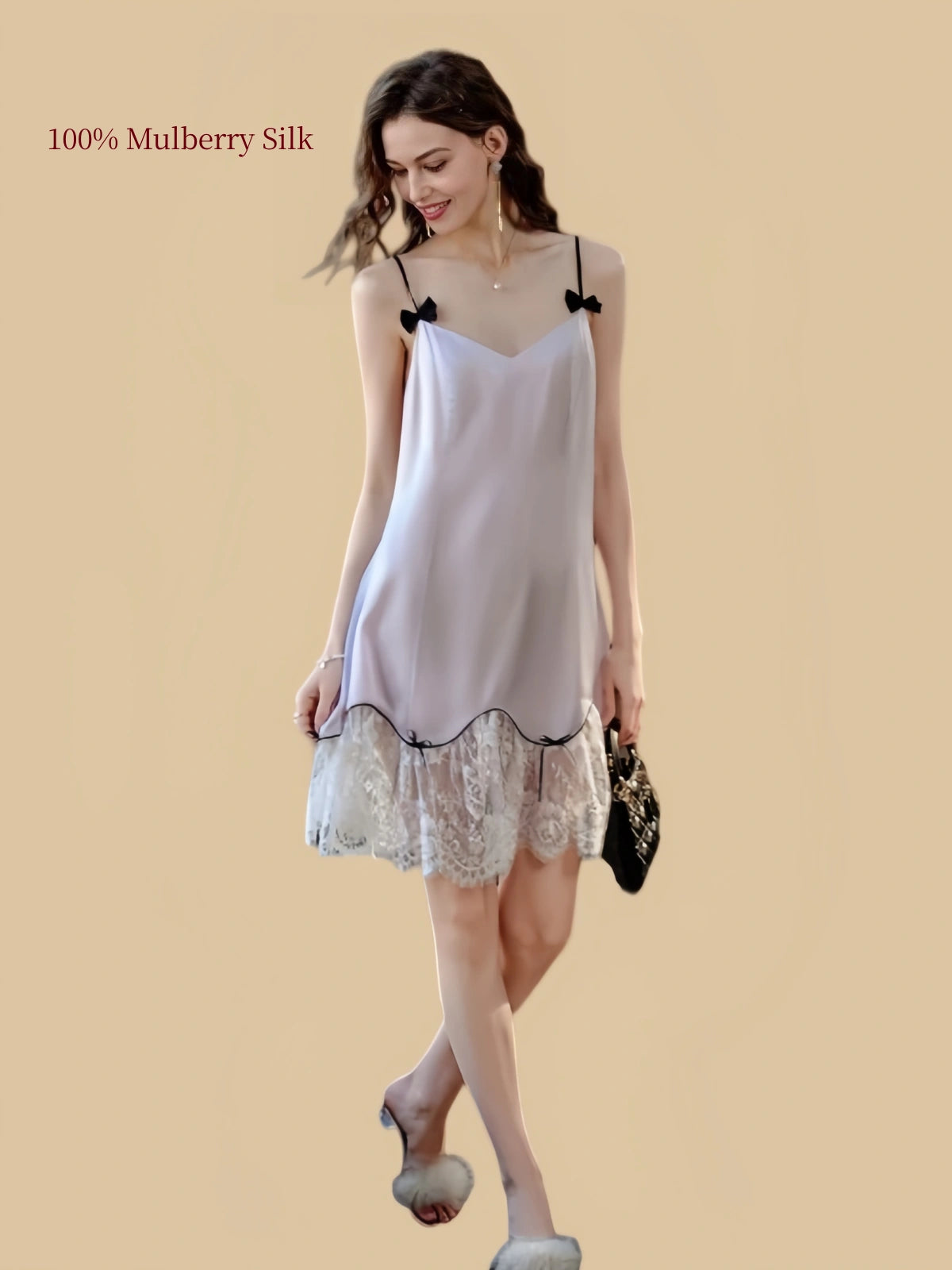 Lustrous Purple silk nightdress with eyelash lace hem