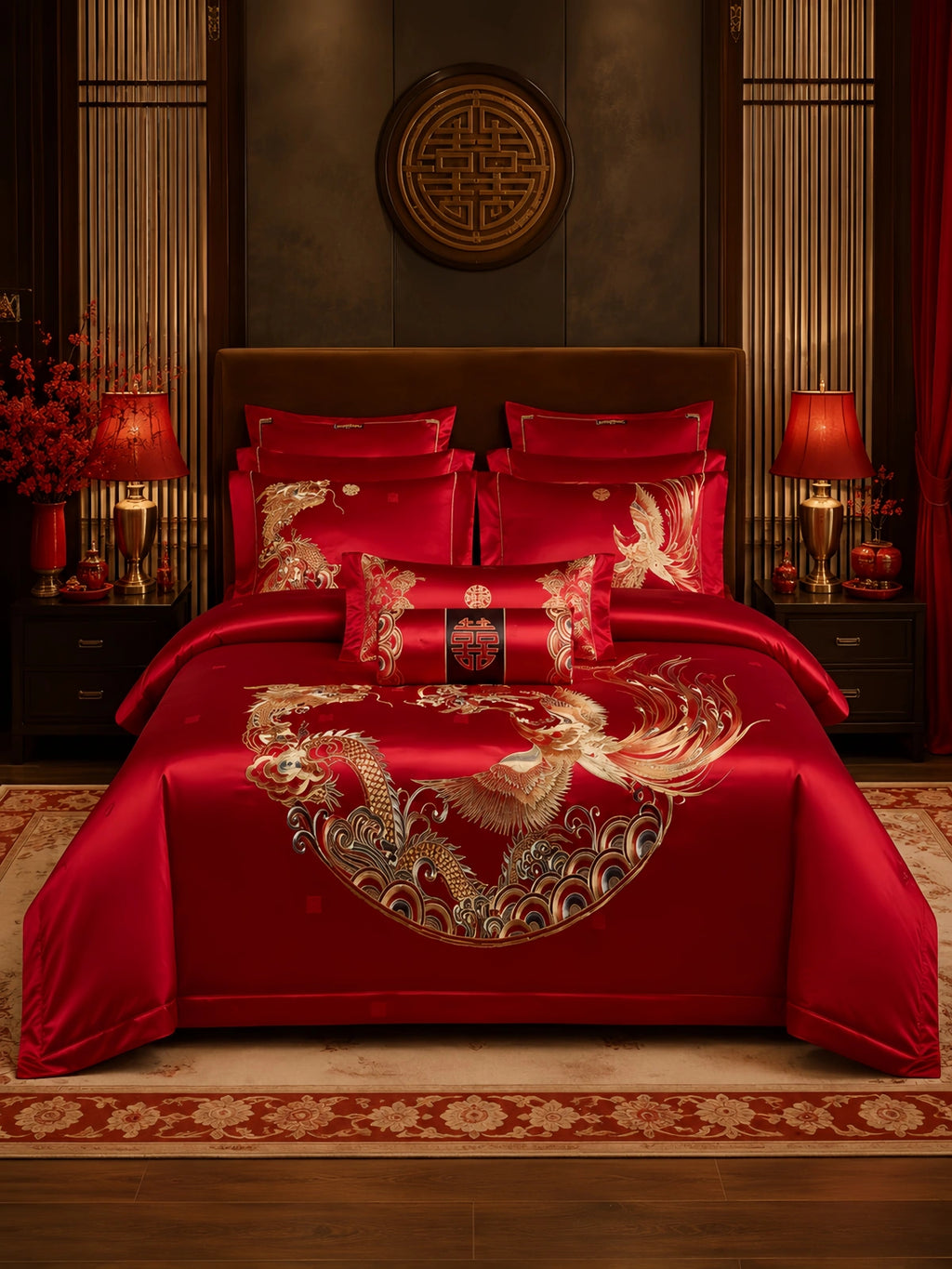 Silkgala luxury red 10-piece wedding bedding set with dragon and phoenix embroidery in an elegant Chinese-style bedroom