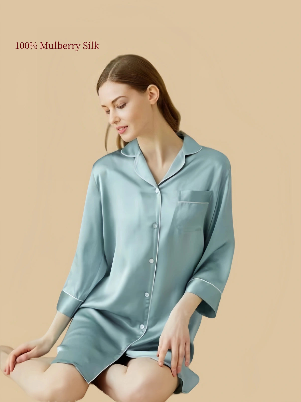 Mint Blue silk nightshirt seated lifestyle view
