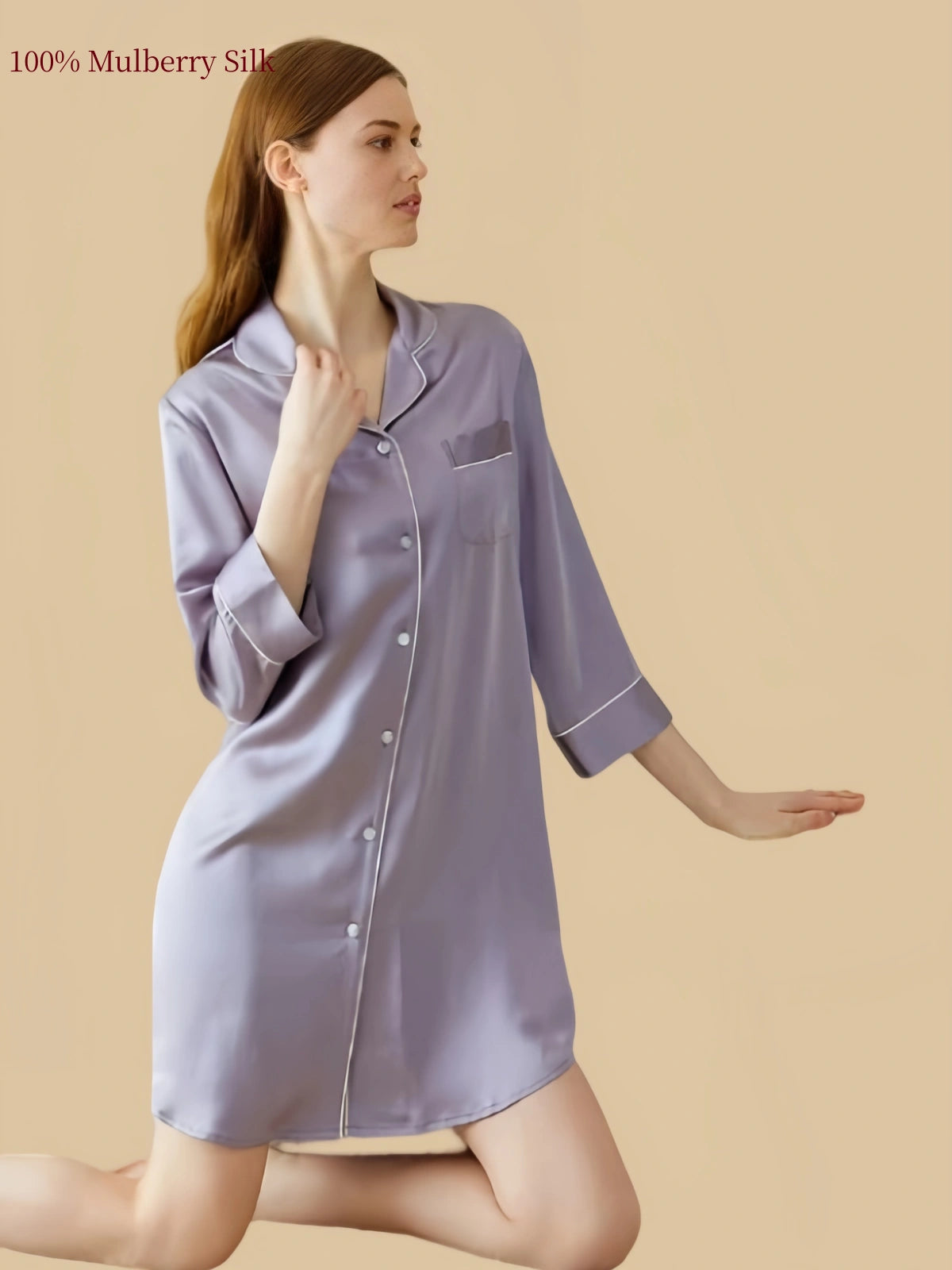 Misty Lavender Grey silk nightshirt relaxed lifestyle view