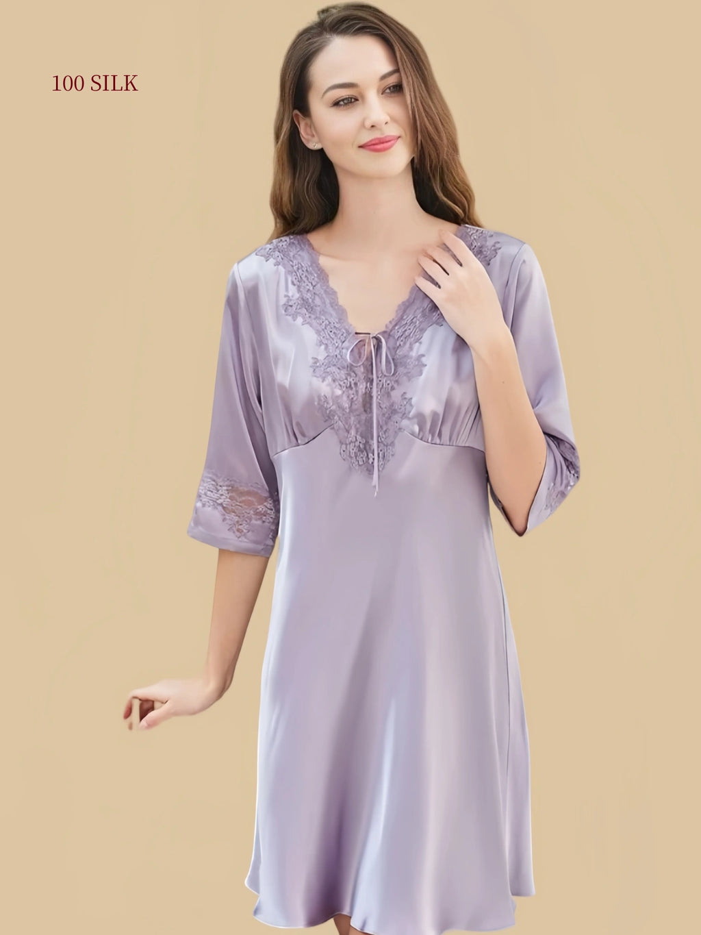 Mulberry silk dress with floral lace neckline