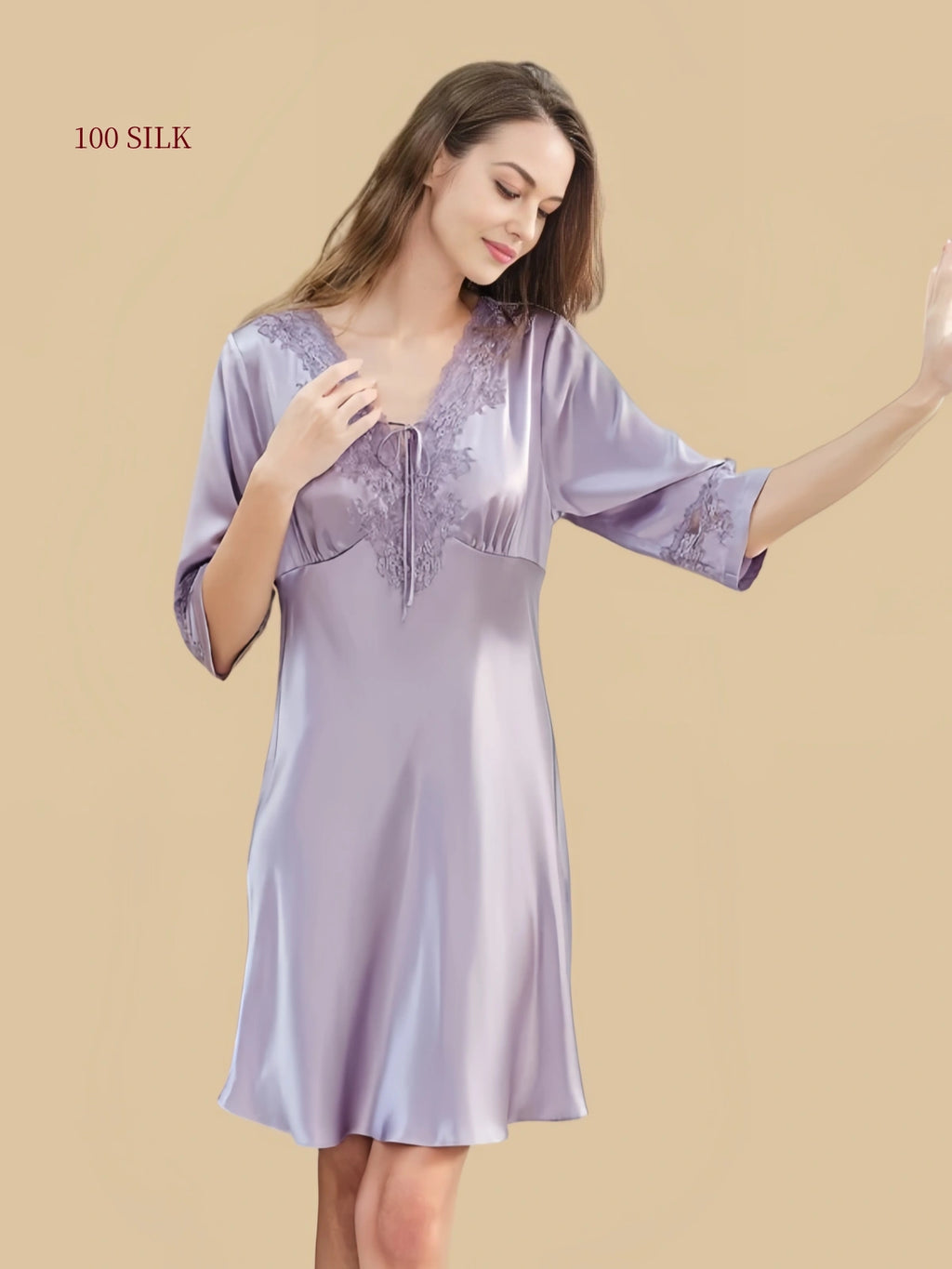 Front view of Misty Purple silk lounge dress
