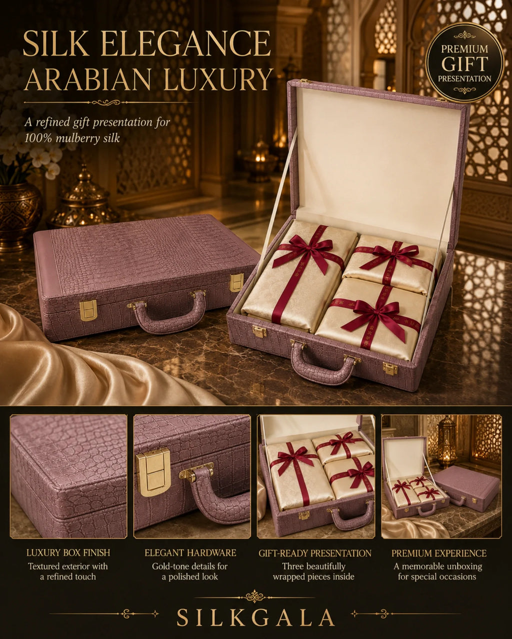 Silkgala mulberry silk bedding presented in a premium gift box for Middle East luxury gifting.