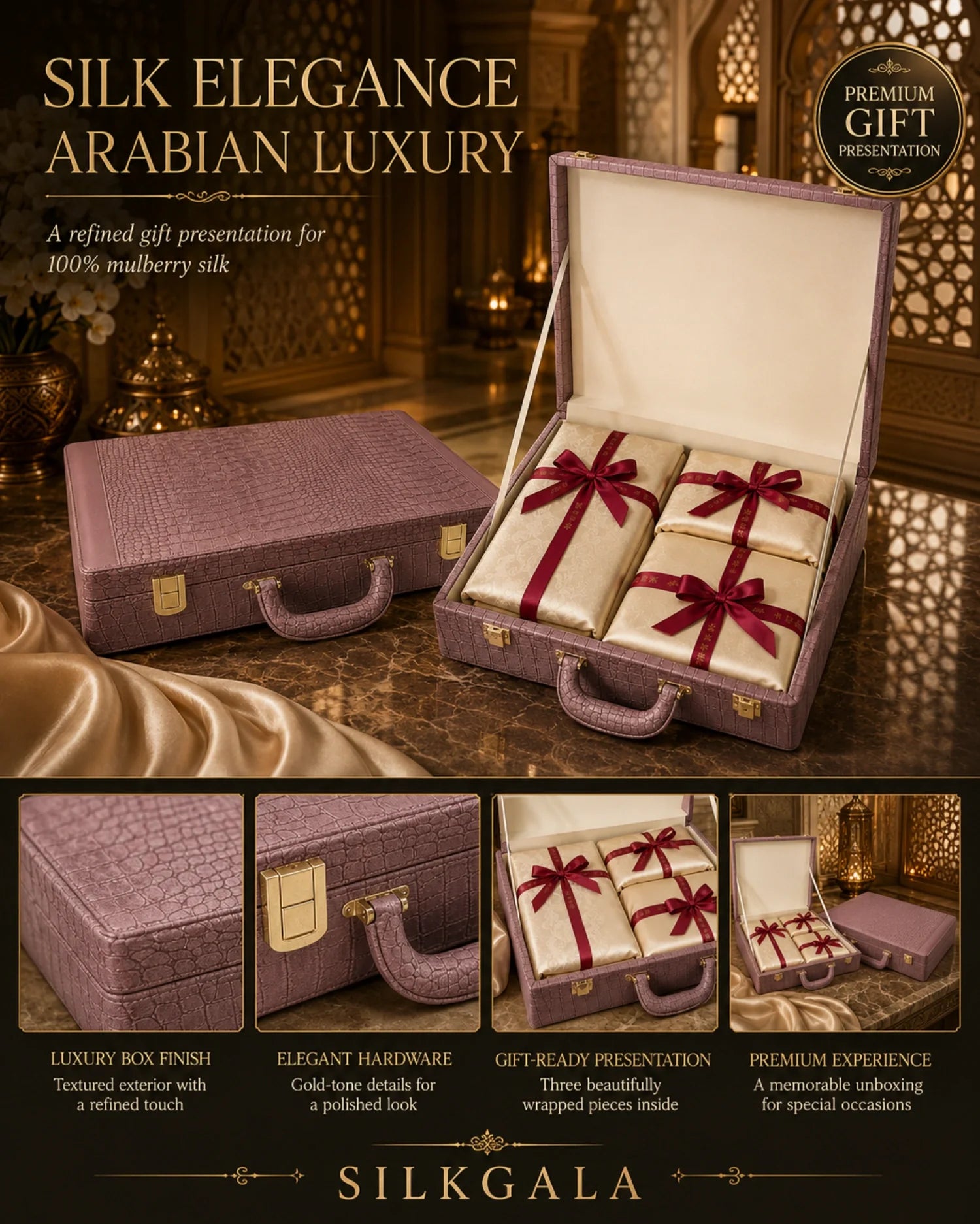 Silkgala mulberry silk bedding presented in a premium gift box for Middle East luxury gifting.