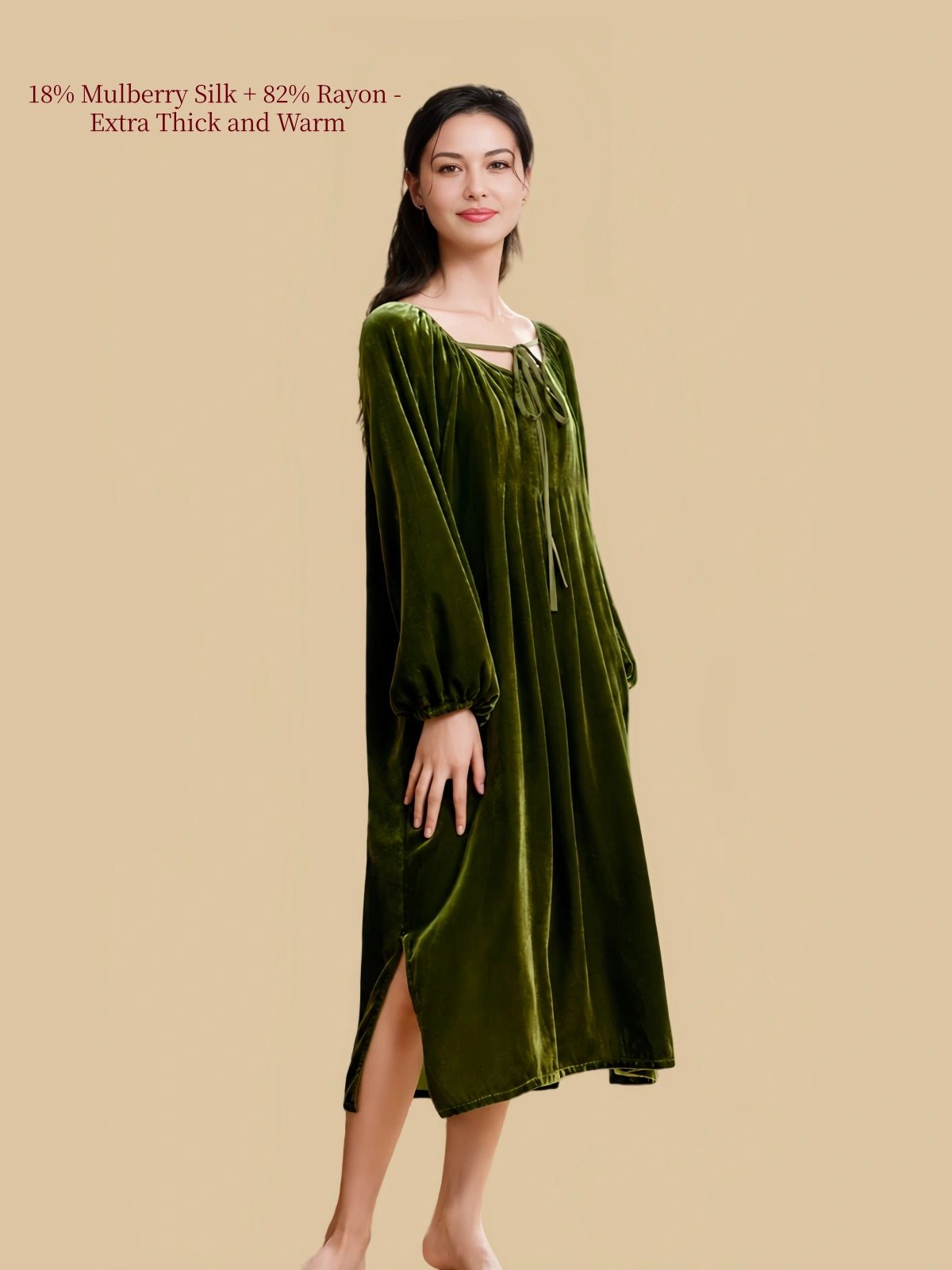 Silkgala olive green silk blend velvet nightgown in angled front view with relaxed drape and side slit hem.