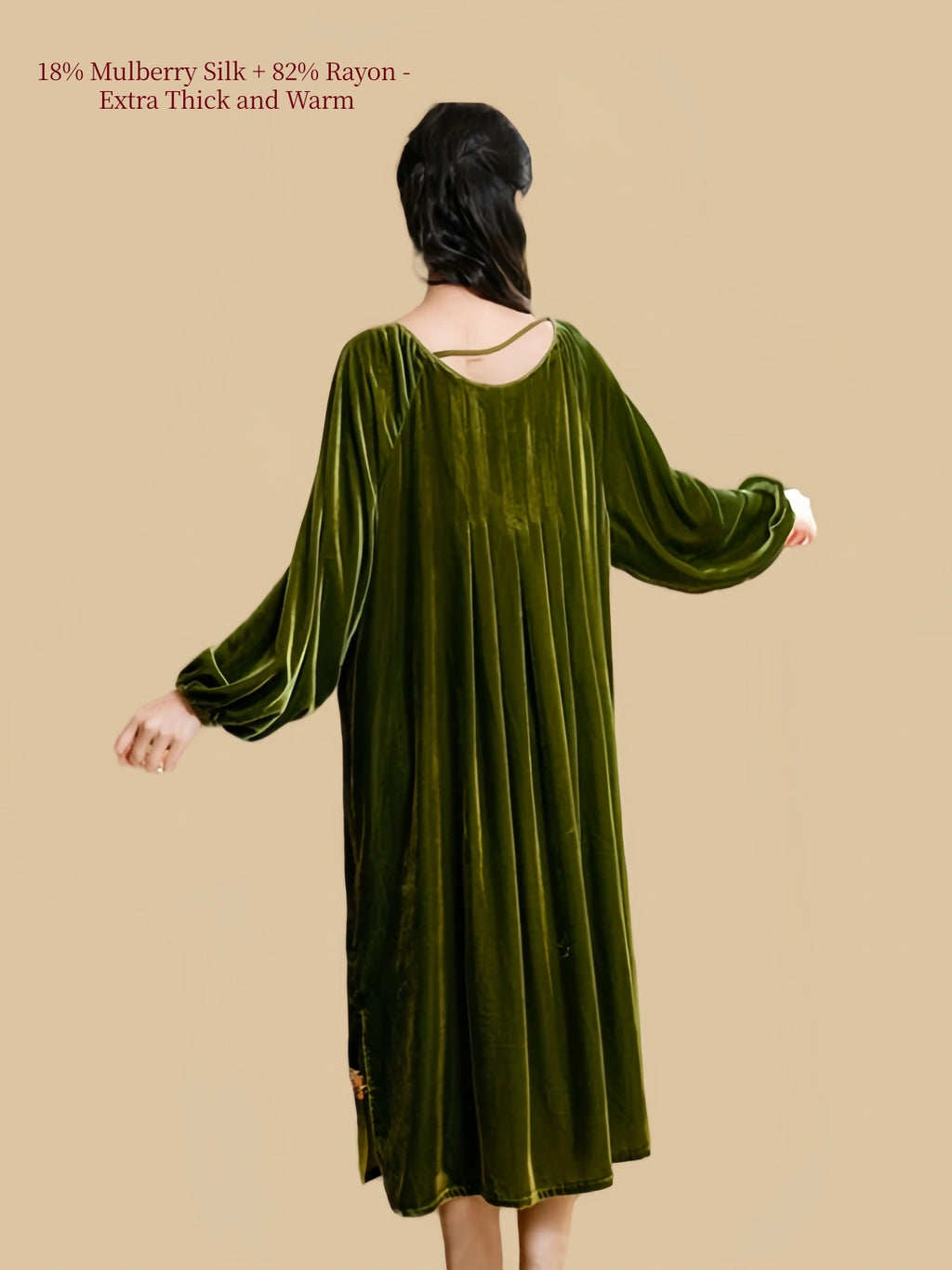 Back view of Silkgala olive green silk blend velvet nightgown showing pleated back detail and relaxed silhouette.