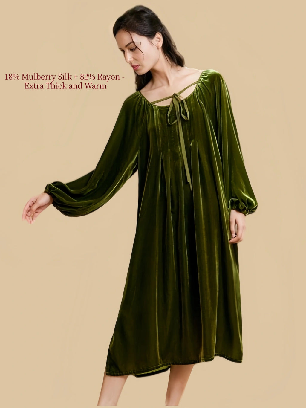 Silkgala olive green silk blend velvet nightgown featuring bishop sleeves, gathered neckline, and fluid midi length.