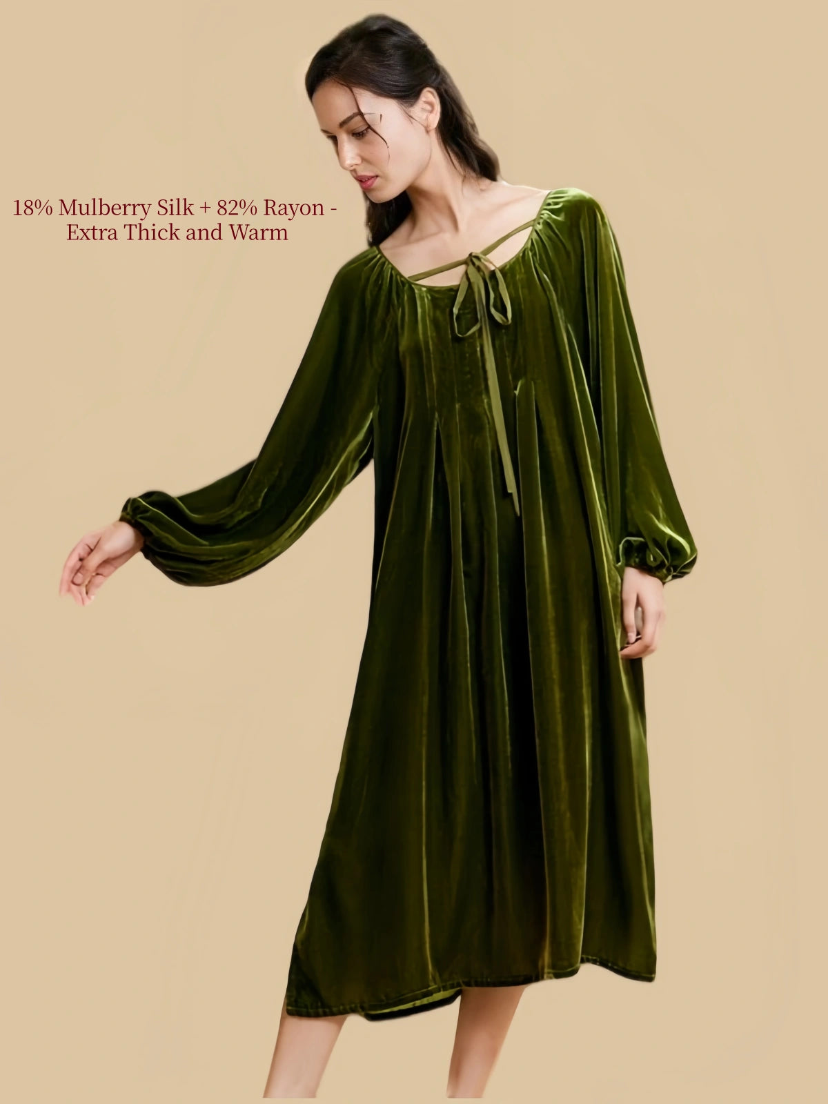 Silkgala olive green silk blend velvet nightgown featuring bishop sleeves, gathered neckline, and fluid midi length.