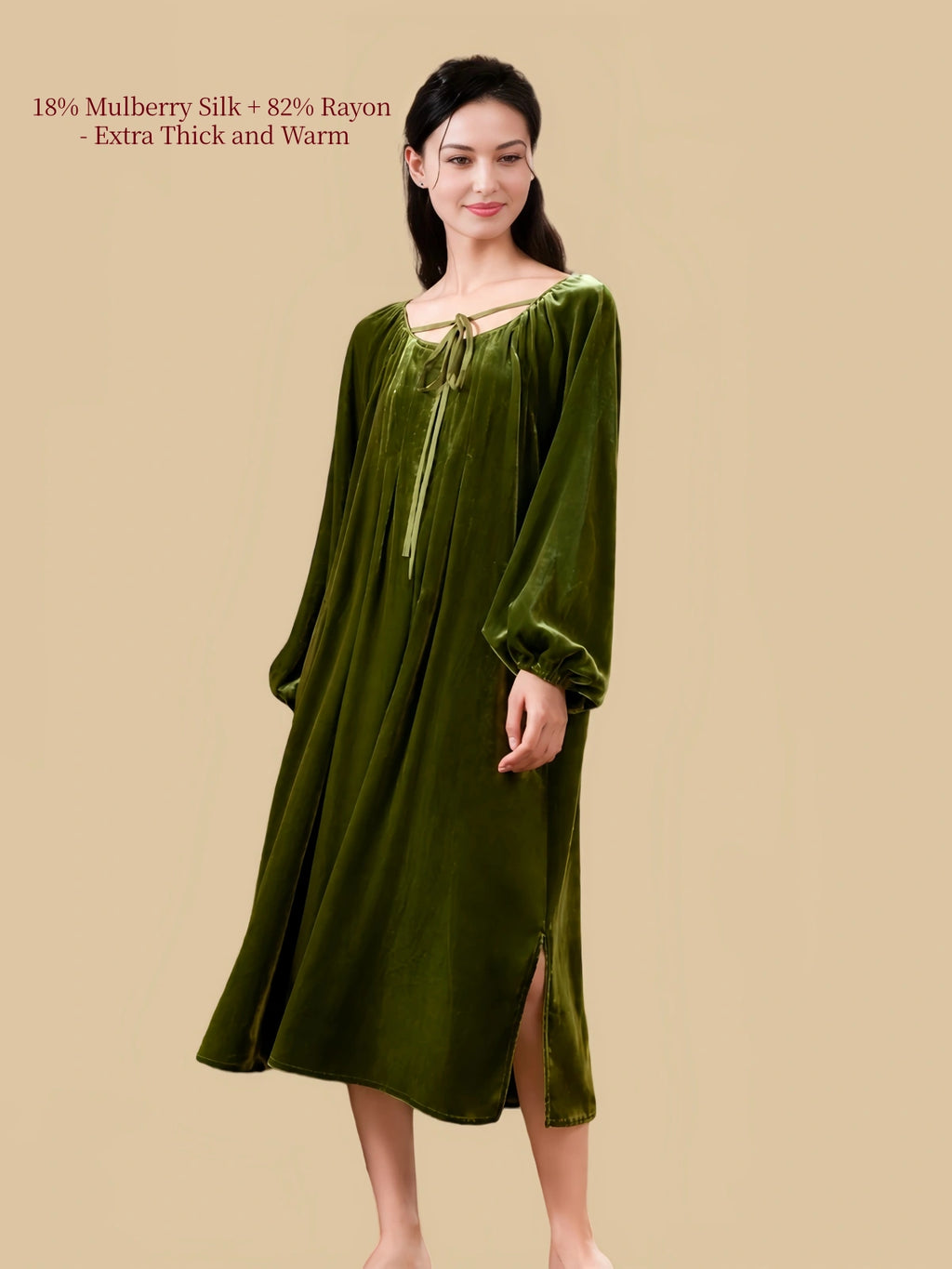 Silkgala olive green silk blend velvet nightgown front view with long bishop sleeves and ribbon tie neckline.