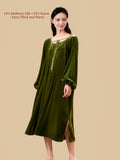 Silkgala olive green silk blend velvet nightgown front view with long bishop sleeves and ribbon tie neckline.