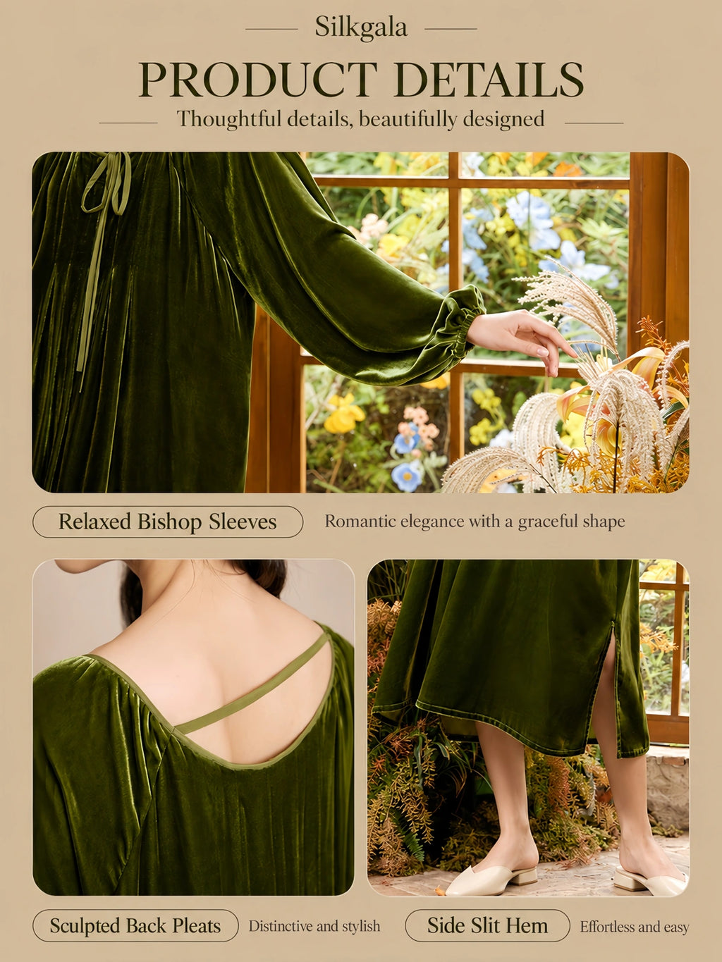 Product details of Silkgala olive green silk blend velvet nightgown featuring bishop sleeves, back pleats, and side slit hem.
