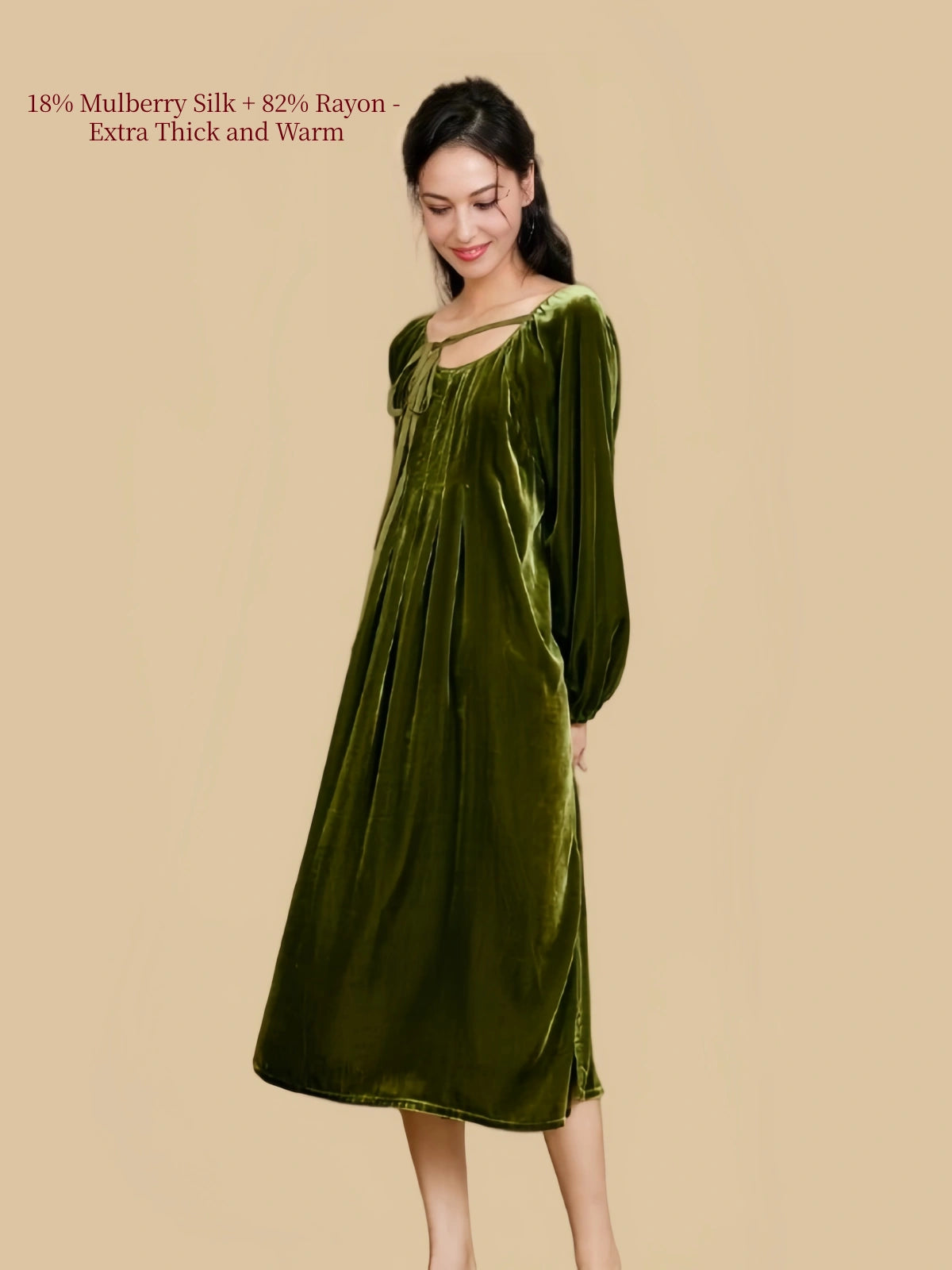 Silkgala olive green silk blend velvet nightgown in a relaxed pose showing soft velvet texture and flowing silhouette.