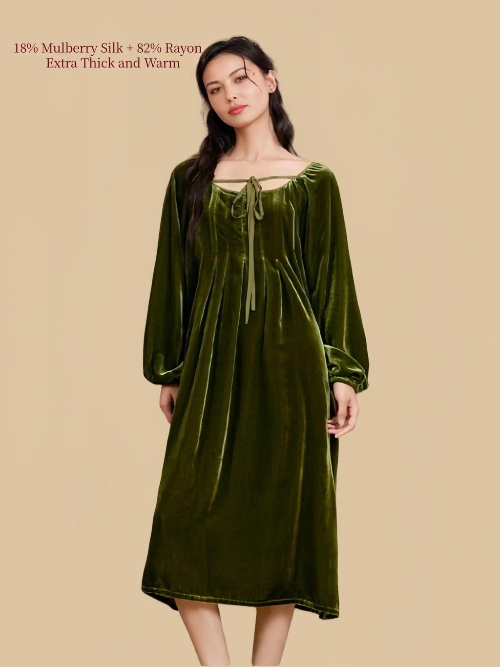 Silkgala olive green silk blend velvet nightgown straight front view with long sleeves and elegant loose fit
