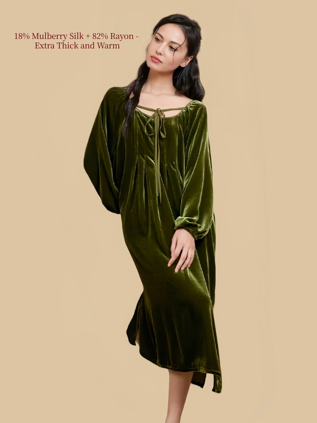 Silkgala olive green silk blend velvet nightgown walking view showing the fluid drape and soft warm texture.