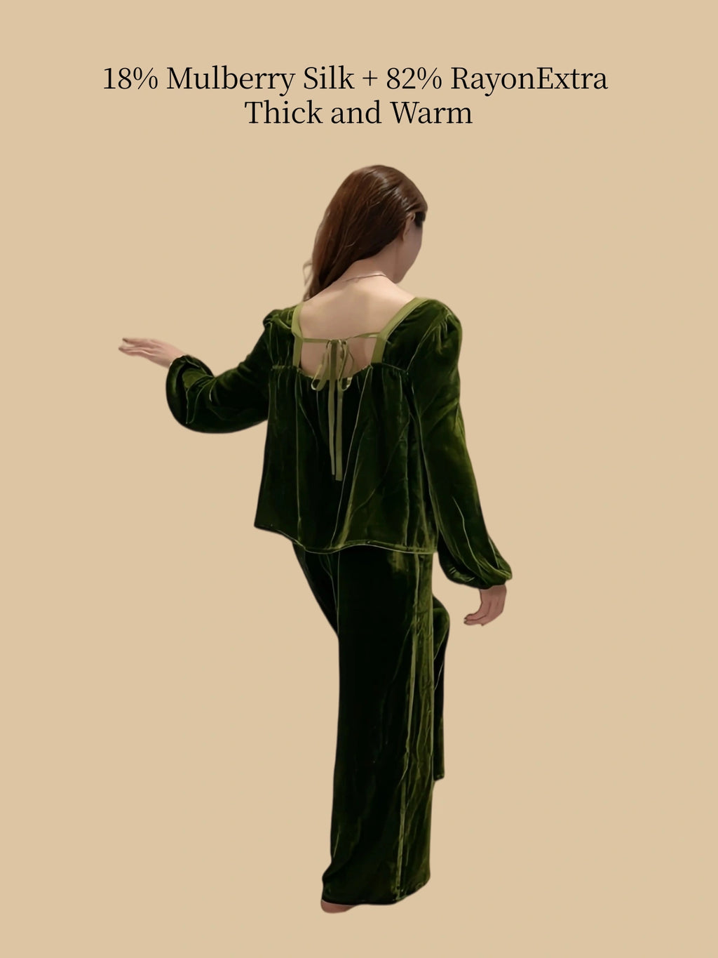 Silkgala olive green silk blend velvet pajama set rear view showing the open tie-back detail and flowing pants.