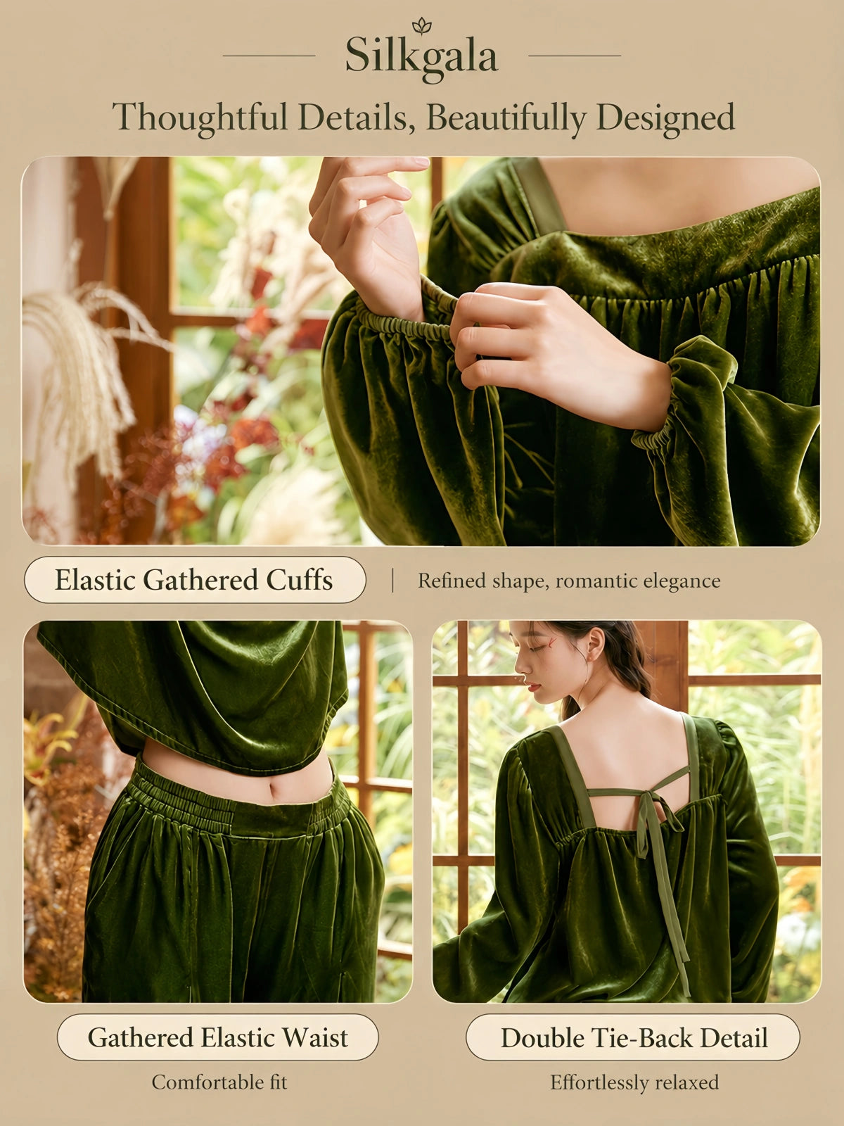 Detail view of Silkgala olive green velvet pajama set featuring elastic cuffs, gathered waist and double tie-back design.