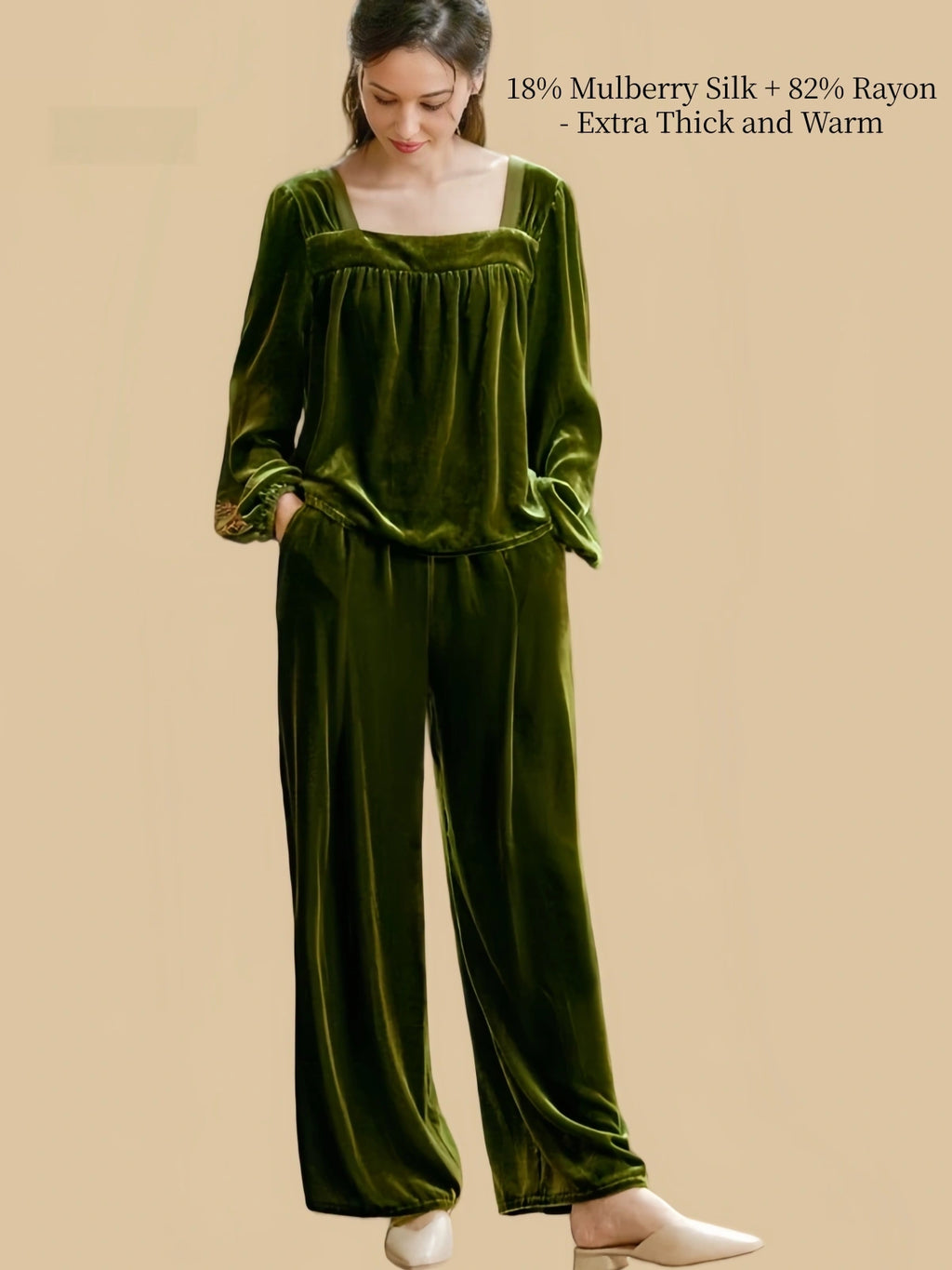 Silkgala olive green silk blend velvet pajama set front view with square neck top and wide-leg pants.