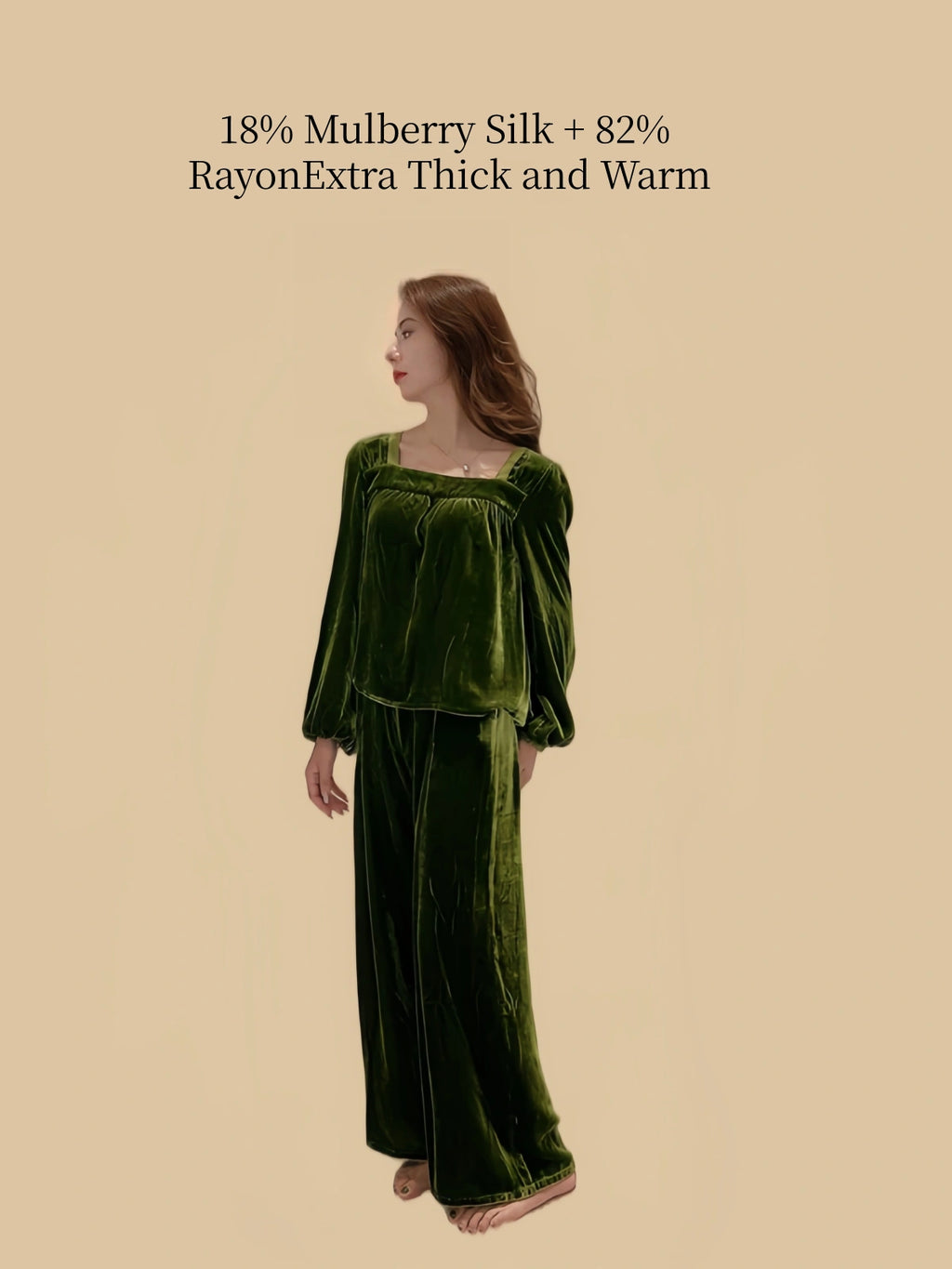 Silkgala olive green silk blend velvet pajama set styled indoors for warm autumn and winter lounging