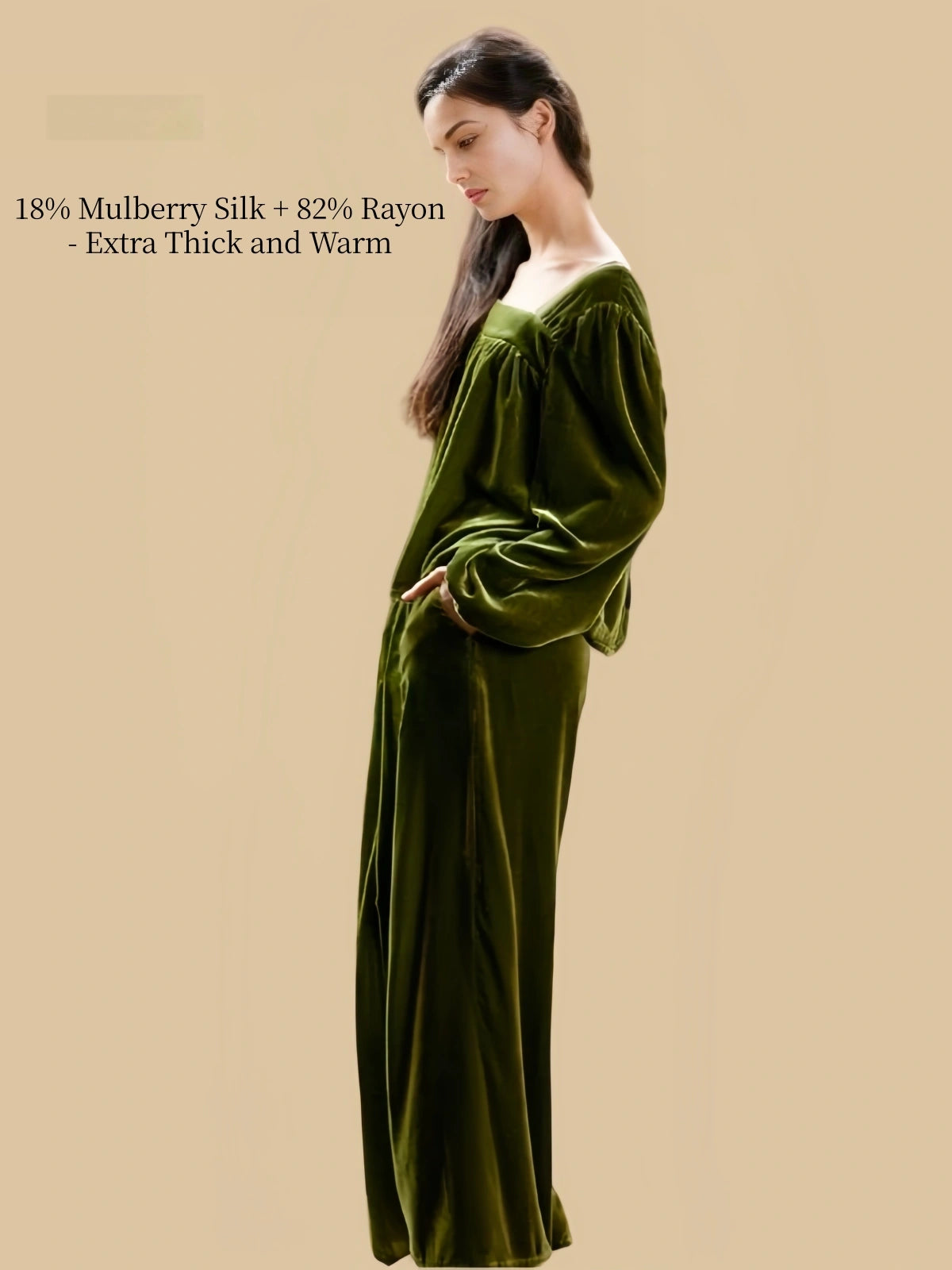 Side view of Silkgala olive green silk blend velvet pajama set with relaxed long sleeves and wide-leg pants.