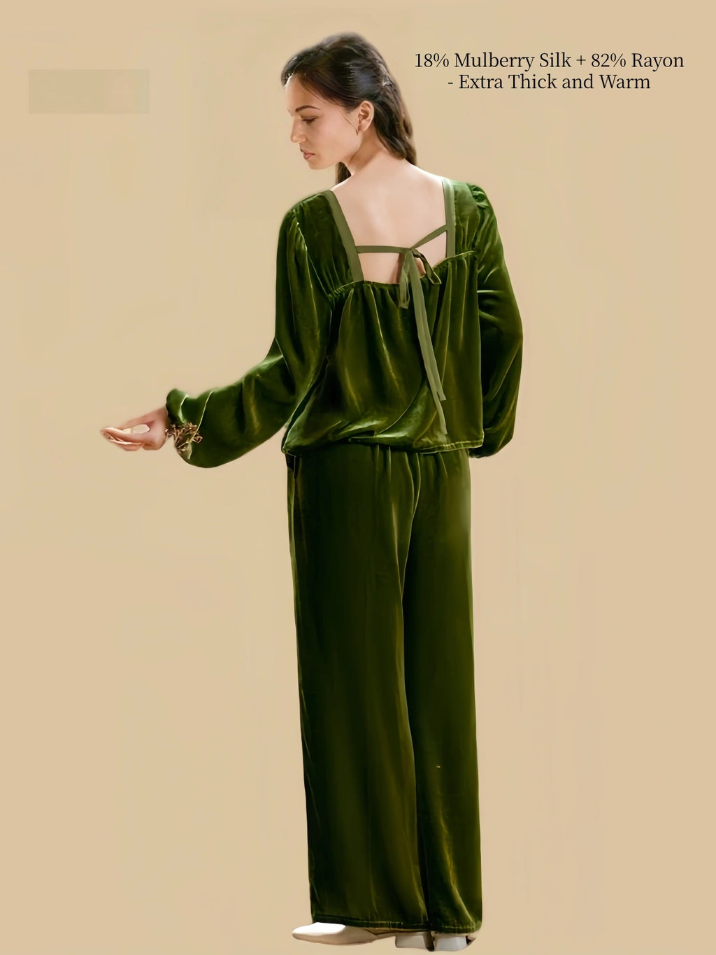 Back view of Silkgala olive green silk blend velvet pajama set showing the double tie-back top