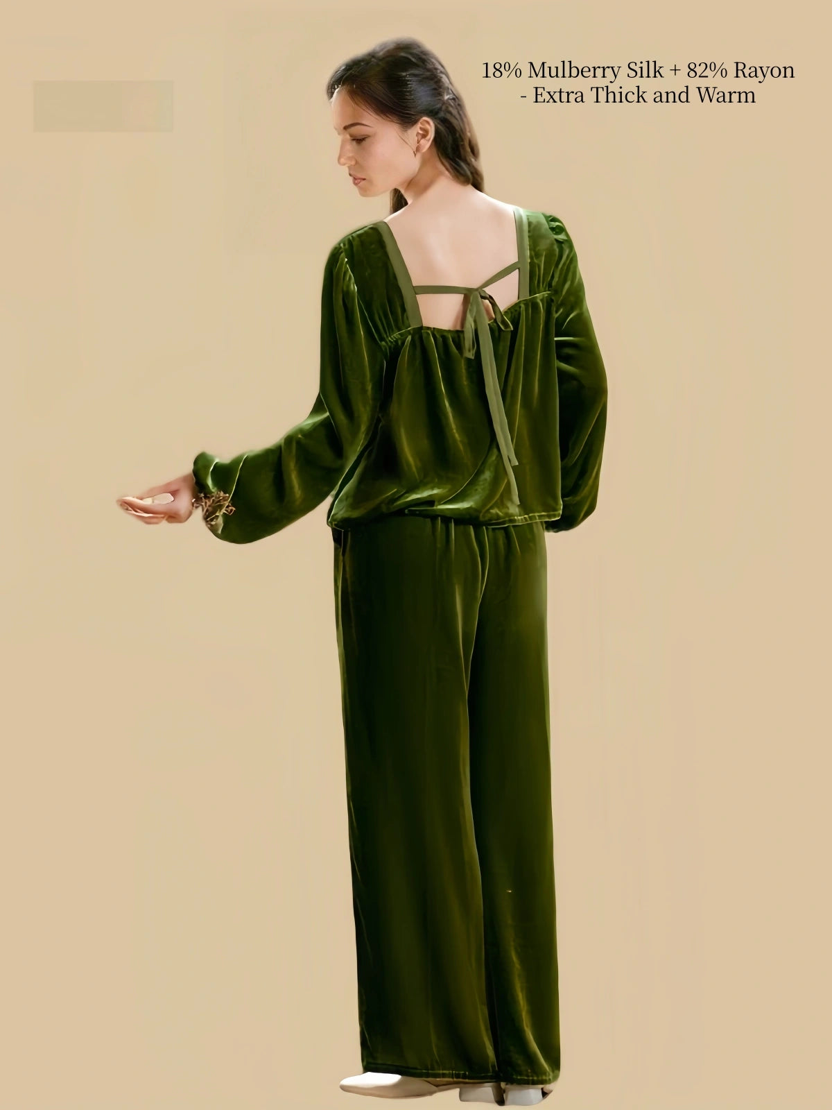 Back view of Silkgala olive green silk blend velvet pajama set showing the double tie-back top