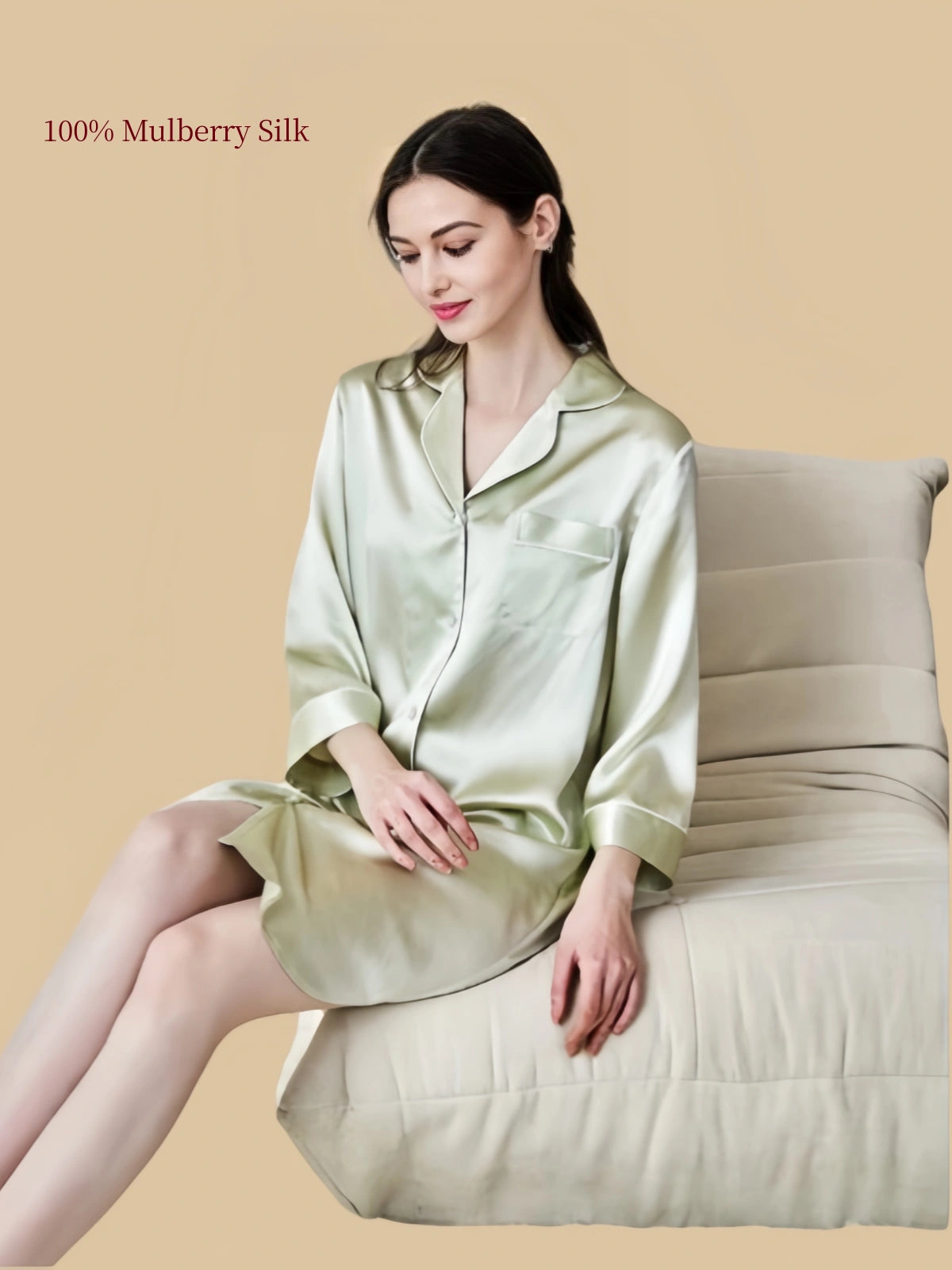 Pale Sage Green silk nightshirt seated lifestyle view