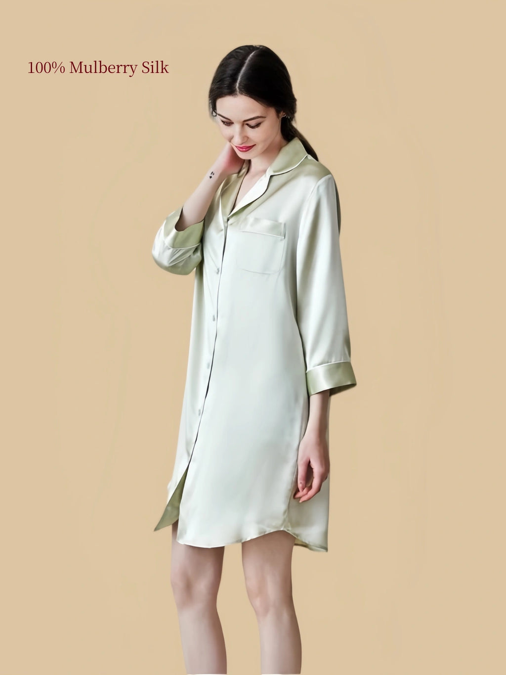 Pale Sage Green silk nightshirt side view with curved hem