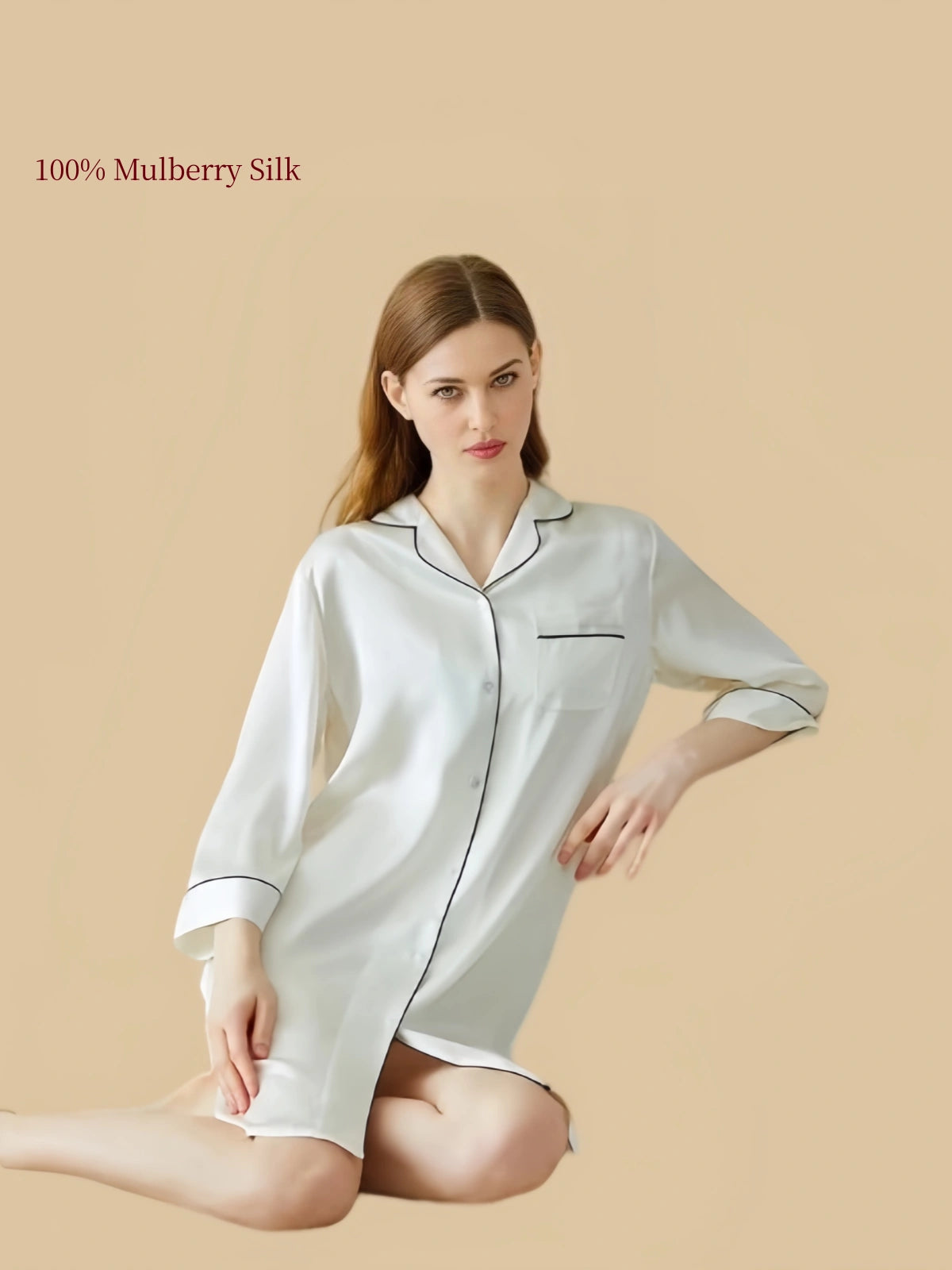 Pearl Ivory silk nightshirt seated lifestyle view