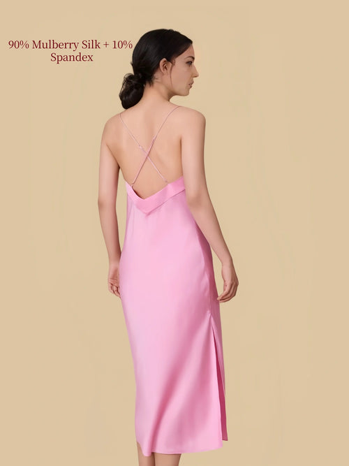 Prism Pink silk midi slip cross-back view