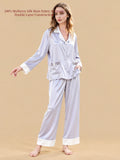 Silkgala Rain Mist Purple 19 Momme double-layer mulberry silk pajama set front view with contrast collar, cuffs, pockets and wide-leg pants.