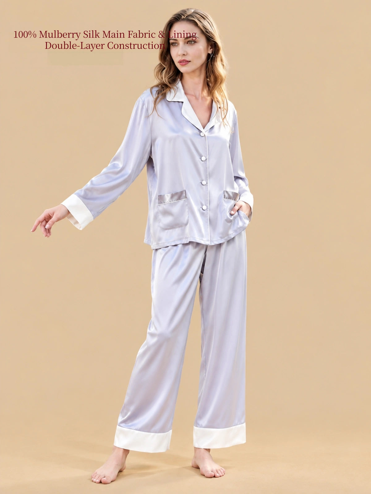 Silkgala Rain Mist Purple 19 Momme double-layer mulberry silk pajama set front view with contrast collar, cuffs, pockets and wide-leg pants.