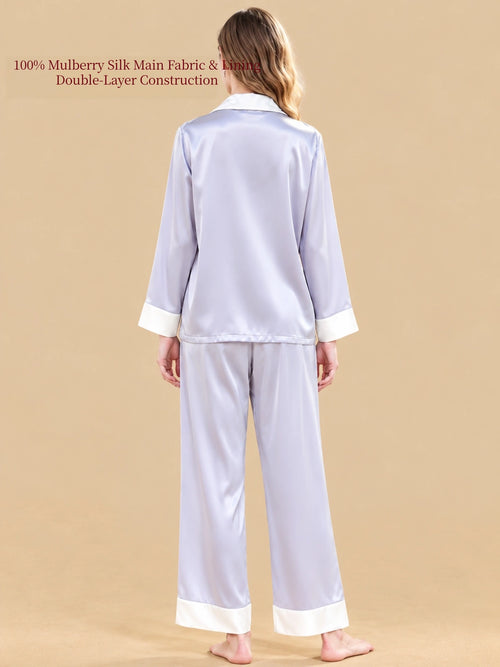 Back view of Silkgala Rain Mist Purple double-layer mulberry silk pajama set with long sleeves and straight wide-leg pants.