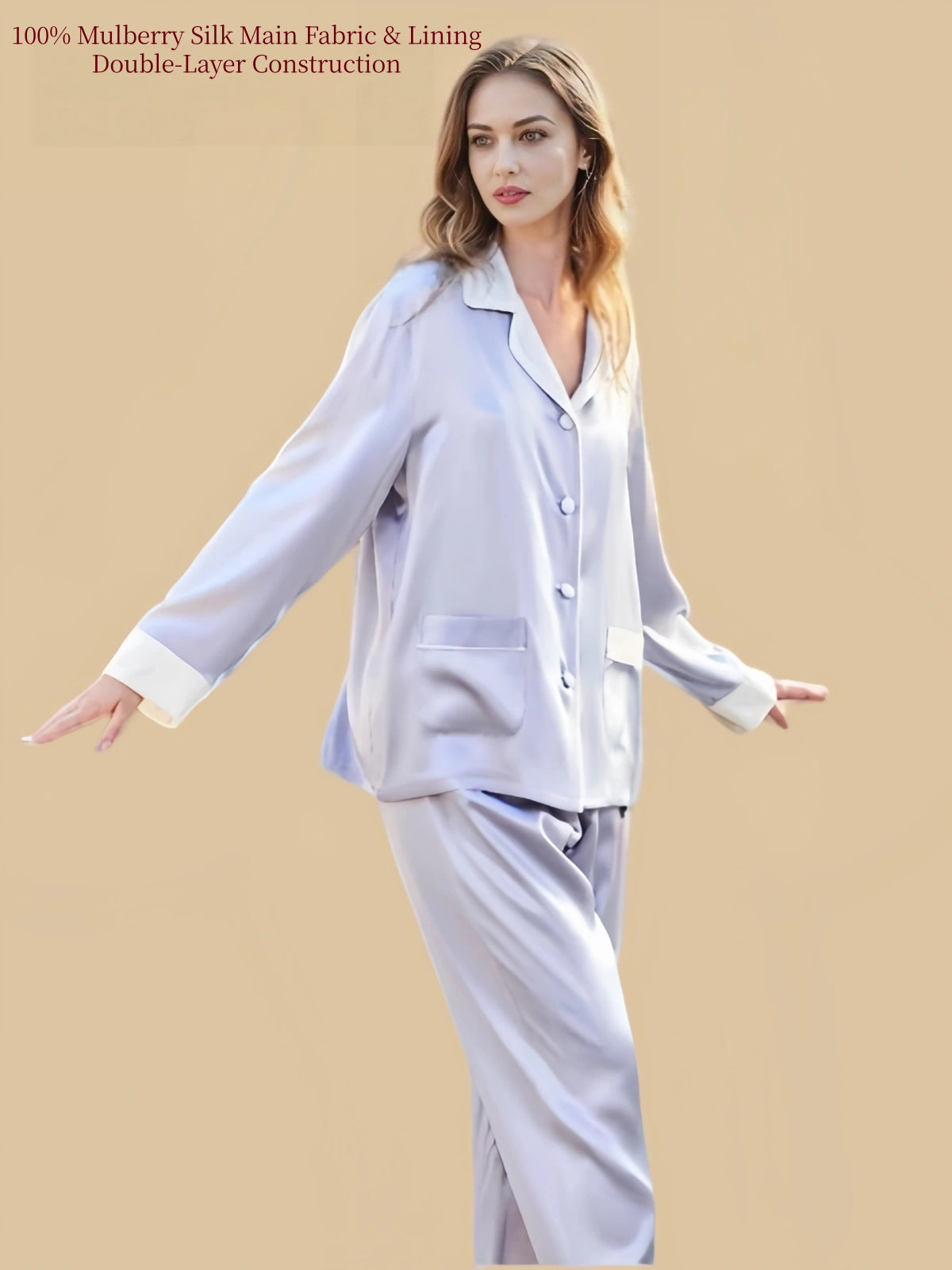 Silkgala Rain Mist Purple double-layer silk pajama set in a relaxed pose showing the button-front top, contrast cuffs and fluid pants.