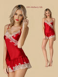 Red 16 Momme silk cami and lace-trimmed ruffled shorts set in two views