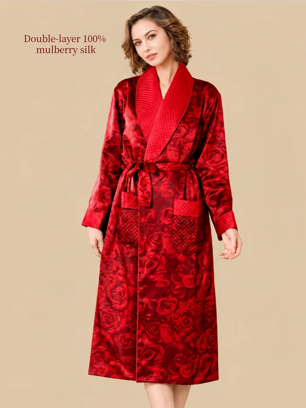 Silkgala Red Rose 22 Momme double-layer mulberry silk robe front view with rose jacquard, quilted shawl collar, waist tie and front pockets.