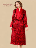 Silkgala Red Rose 22 Momme double-layer mulberry silk robe front view with rose jacquard, quilted shawl collar, waist tie and front pockets.