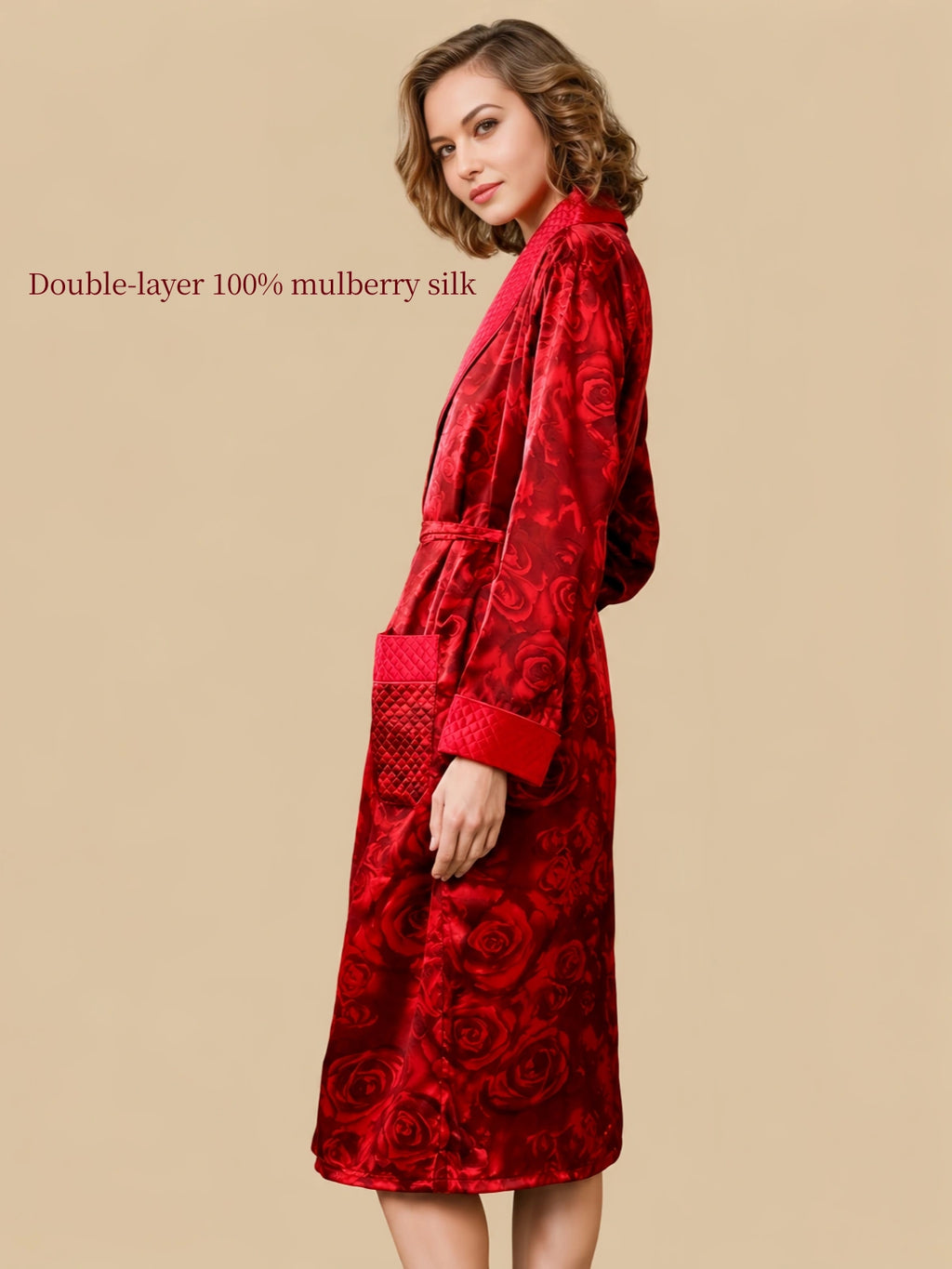 Side view of Silkgala Red Rose double-layer mulberry silk robe showing the rose jacquard pattern, quilted cuff and large front pocket.