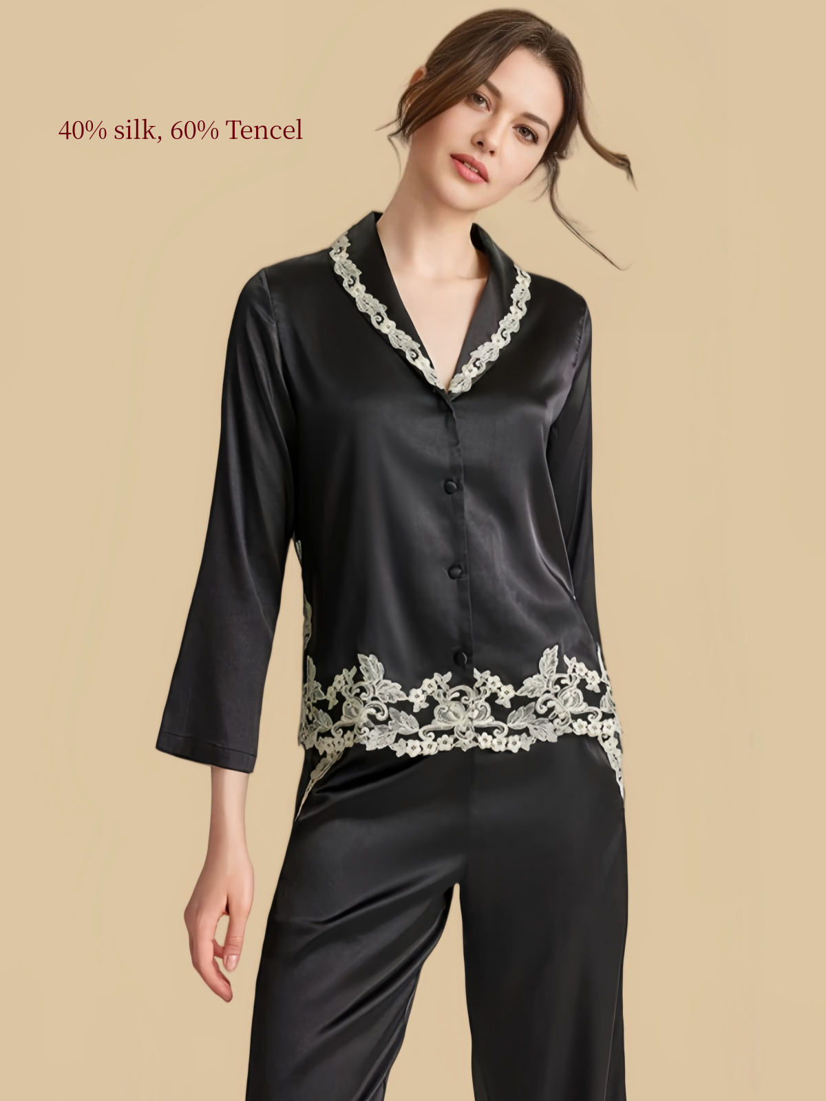 Silkgala black silk Tencel pajama set close-up showing floral lace collar, button front and lace hem detail.