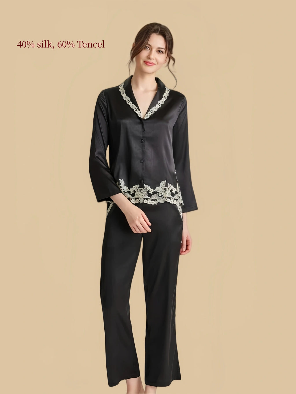Silkgala black silk Tencel blend pajama set full view with contrast lace trim and cropped straight-leg pants.