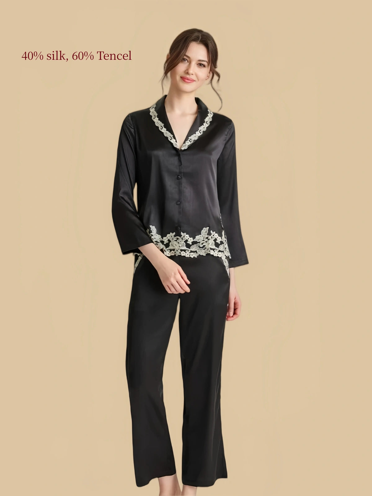 Silkgala black silk Tencel blend pajama set full view with contrast lace trim and cropped straight-leg pants.