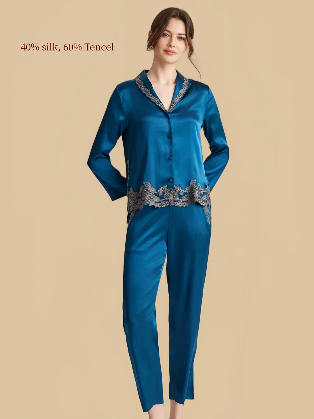 Silkgala blue silk Tencel blend pajama set with lace-trim V-neck collar and button-front top