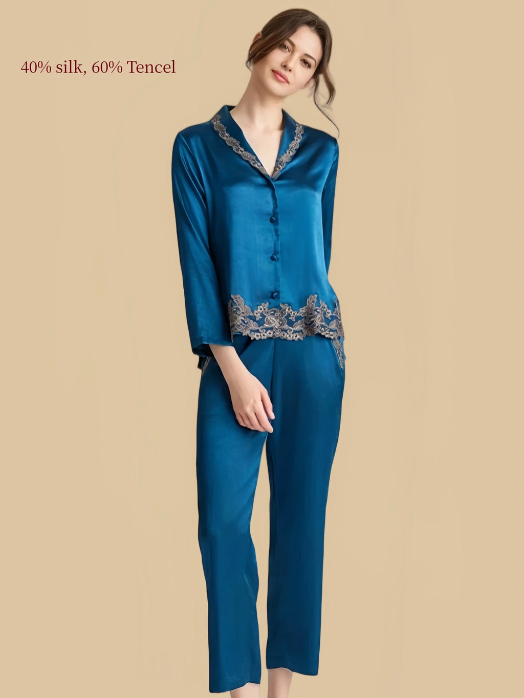 Silkgala blue silk Tencel pajama set in relaxed front view with floral lace trim and cropped pants.
