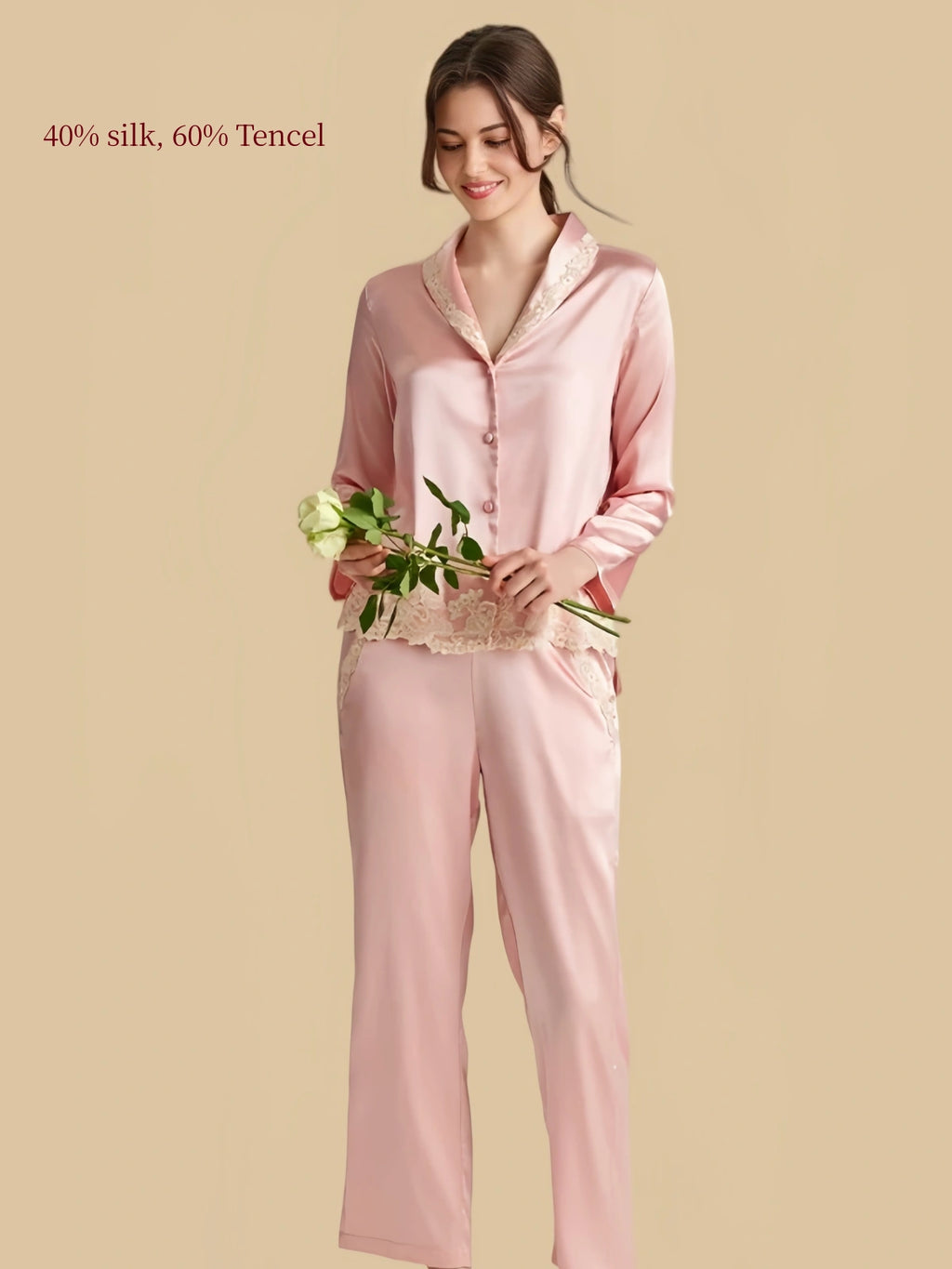 Silkgala pink silk Tencel blend pajama set with lace-trim collar, button-front top and cropped pants.