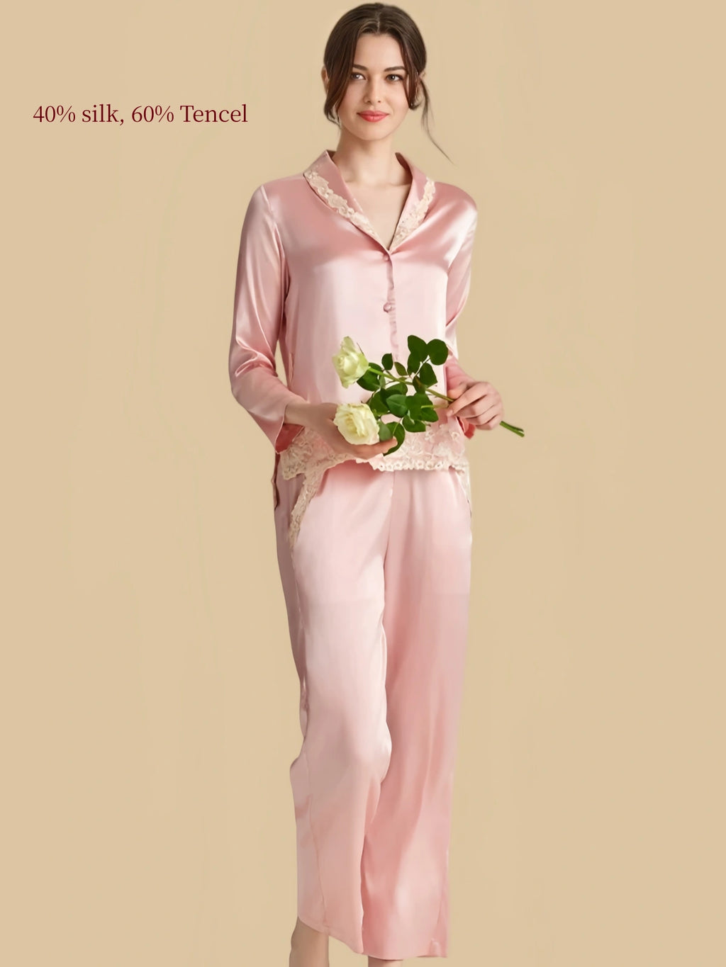 Silkgala pink silk Tencel pajama set showing relaxed fit, floral lace hem and cropped straight-leg pants.
