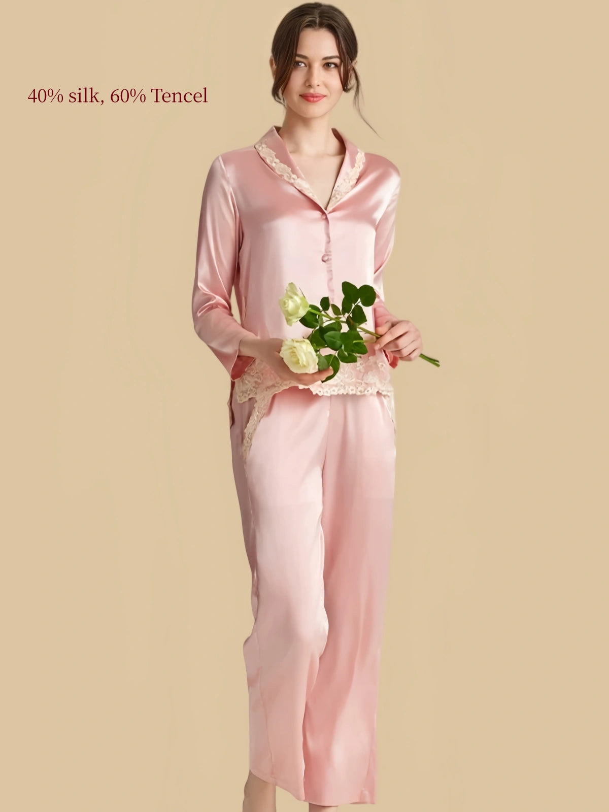 Silkgala pink silk Tencel pajama set showing relaxed fit, floral lace hem and cropped straight-leg pants.