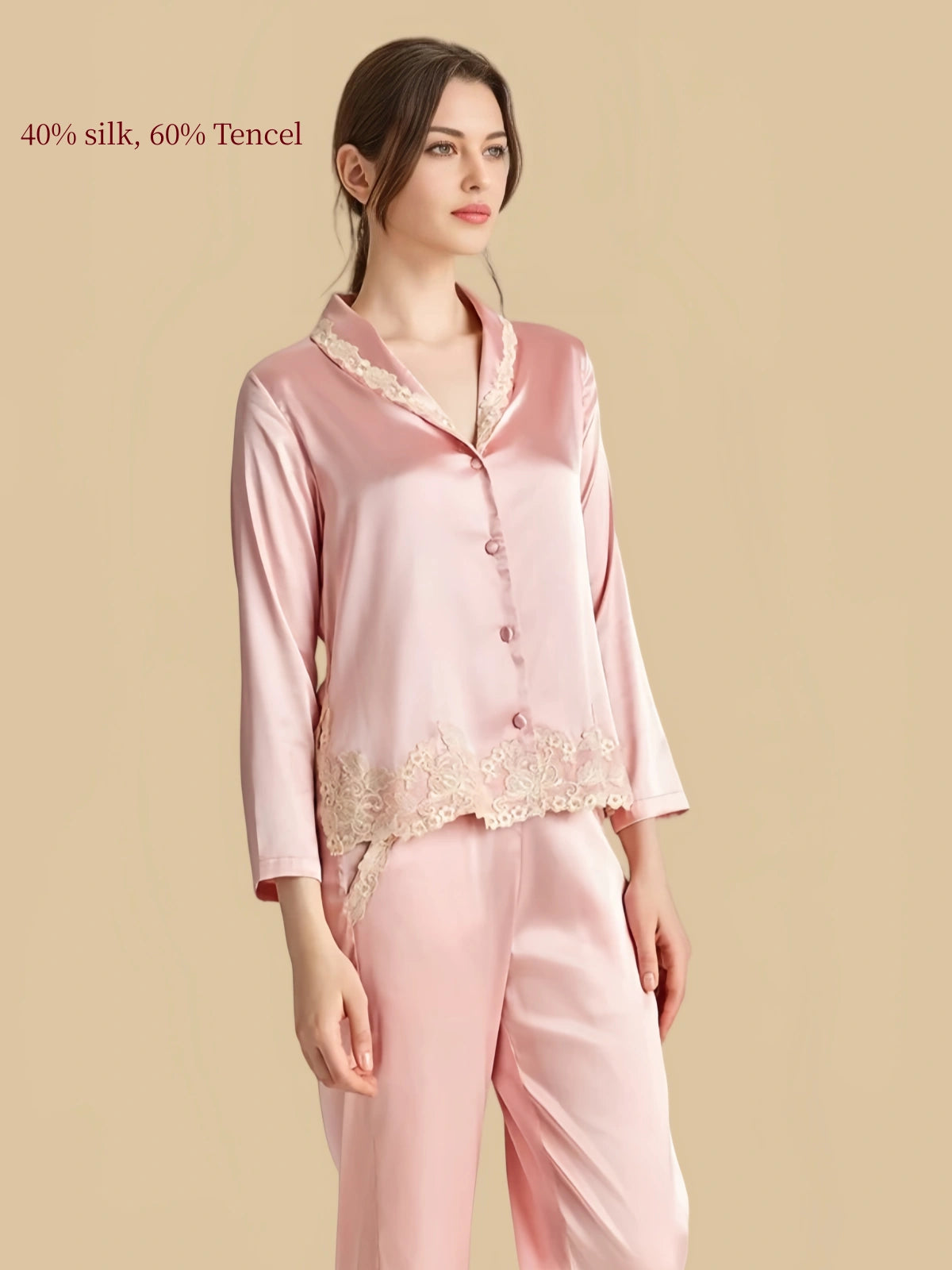 Silkgala pink silk Tencel pajama set side view with lace-trim collar, decorative hem and cropped sleeves.