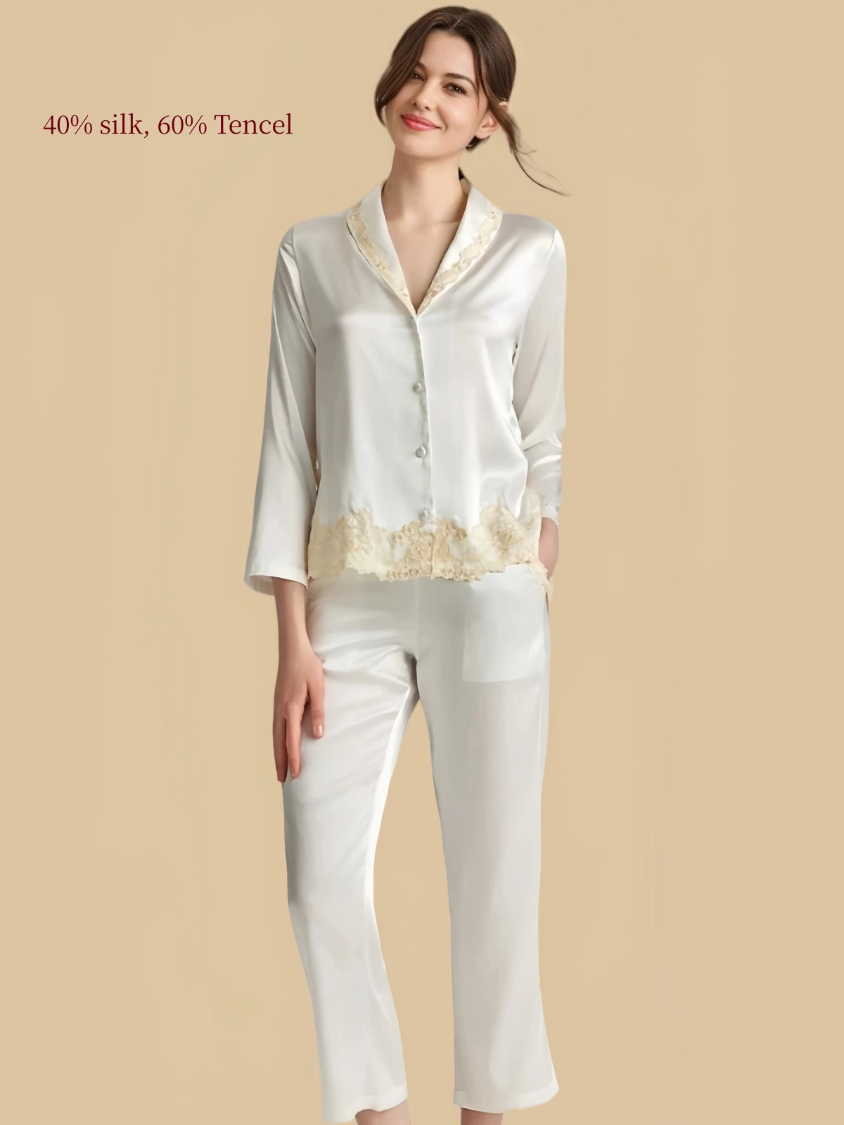 Silkgala white silk Tencel blend pajama set with cream floral lace trim and cropped straight-leg pants.