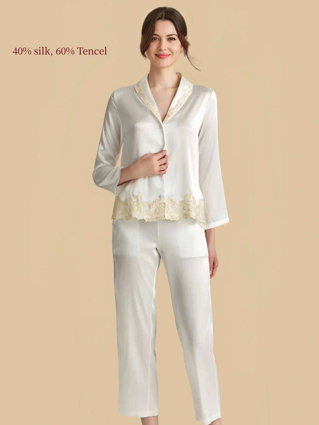Silkgala white silk Tencel blend pajama set full view with lace-trim top and matching cropped pants.